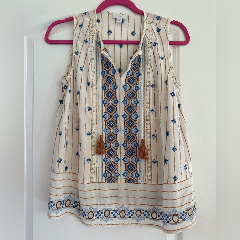 J. JILL “Lilah” Embroidered Sleeveless Tank Blouse V-Neck Boho Tasseles